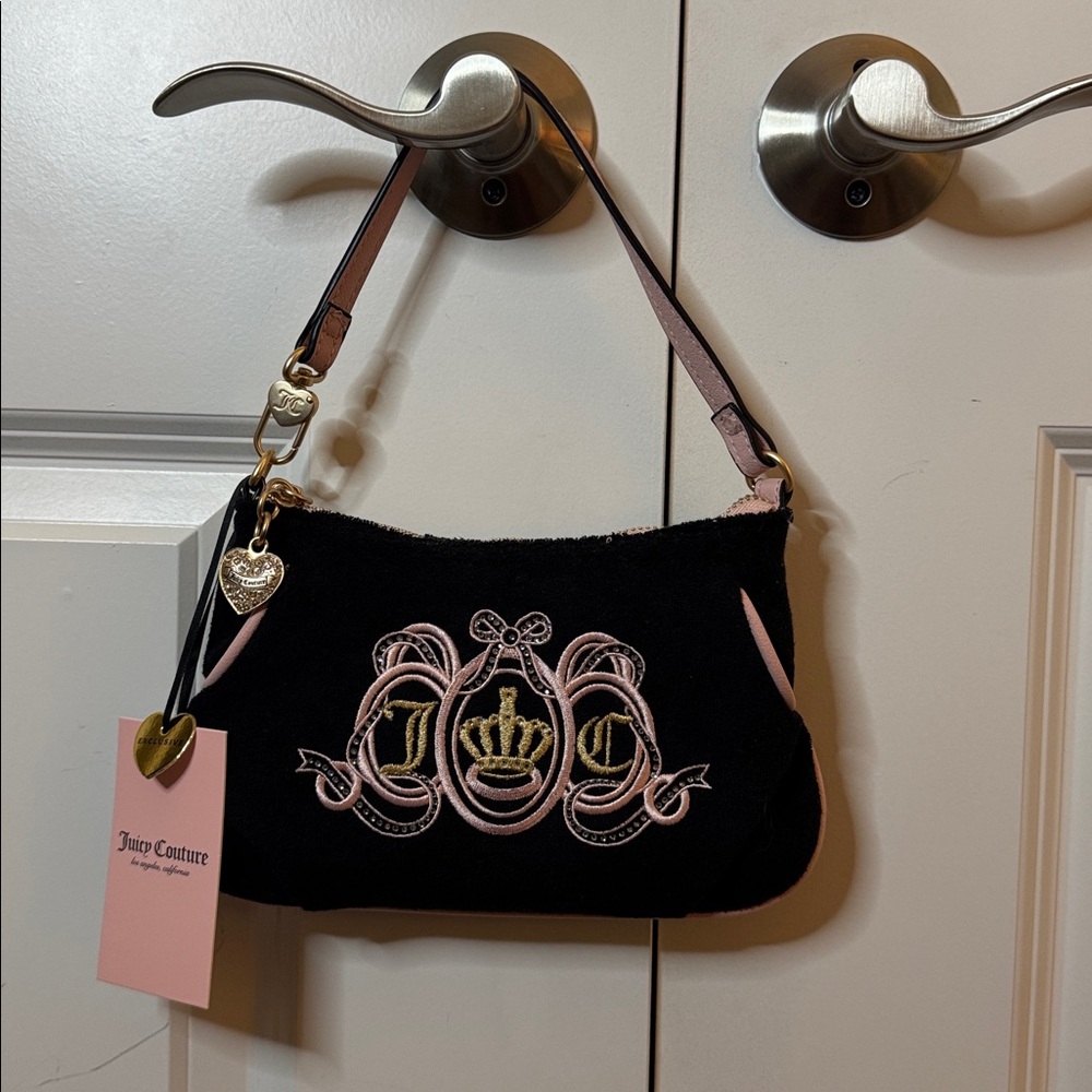 Juicy Couture‎ Lovers Club Wristlet Shoulder Bag Black Pink Crown NWT